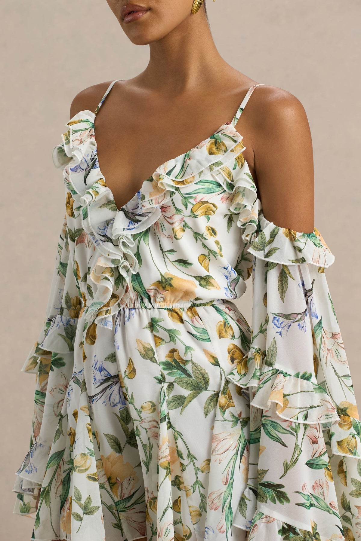Anaya | Lemon Floral Print Chiffon Romper With Long Sleeves