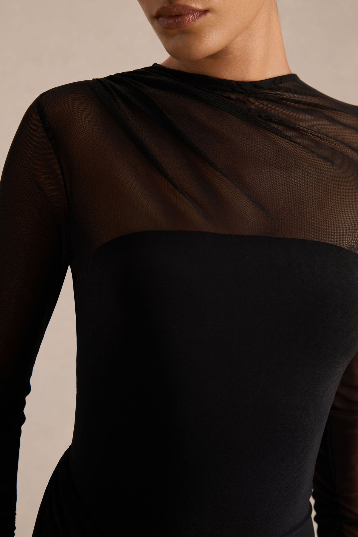 Deema | Black Jersey High Neck Long Sleeve Maxi Dress With Ruching