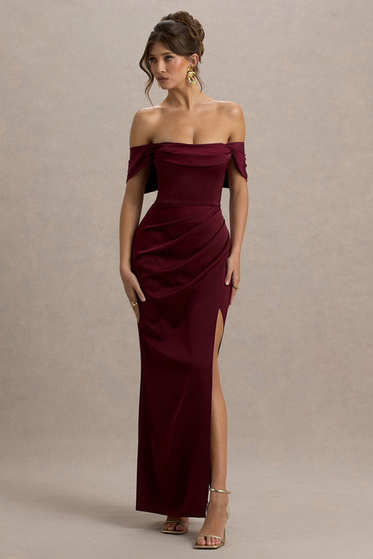 Annie | Burgundy Satin Bardot Maxi Dress With Split Wrap Skirt