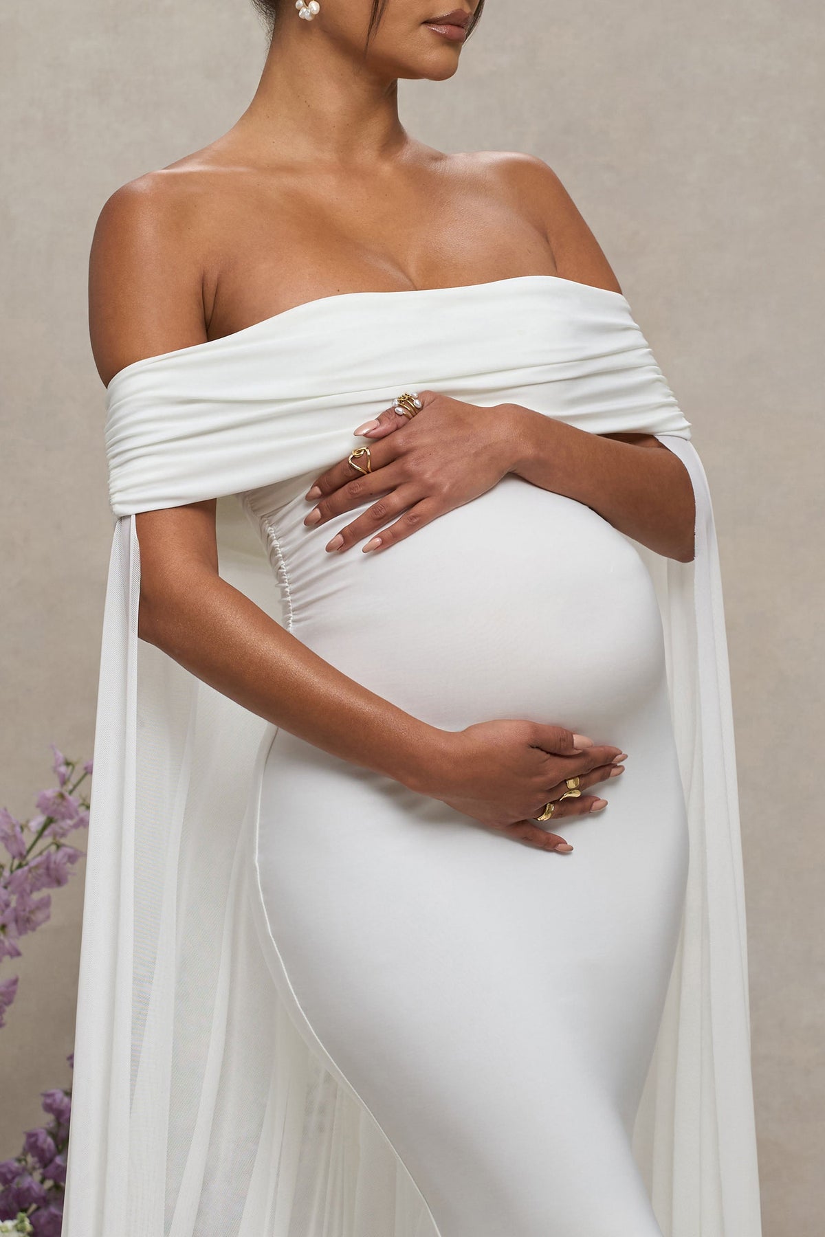 Carlotta | White Bardot Maternity Maxi Dress With Mesh Cape