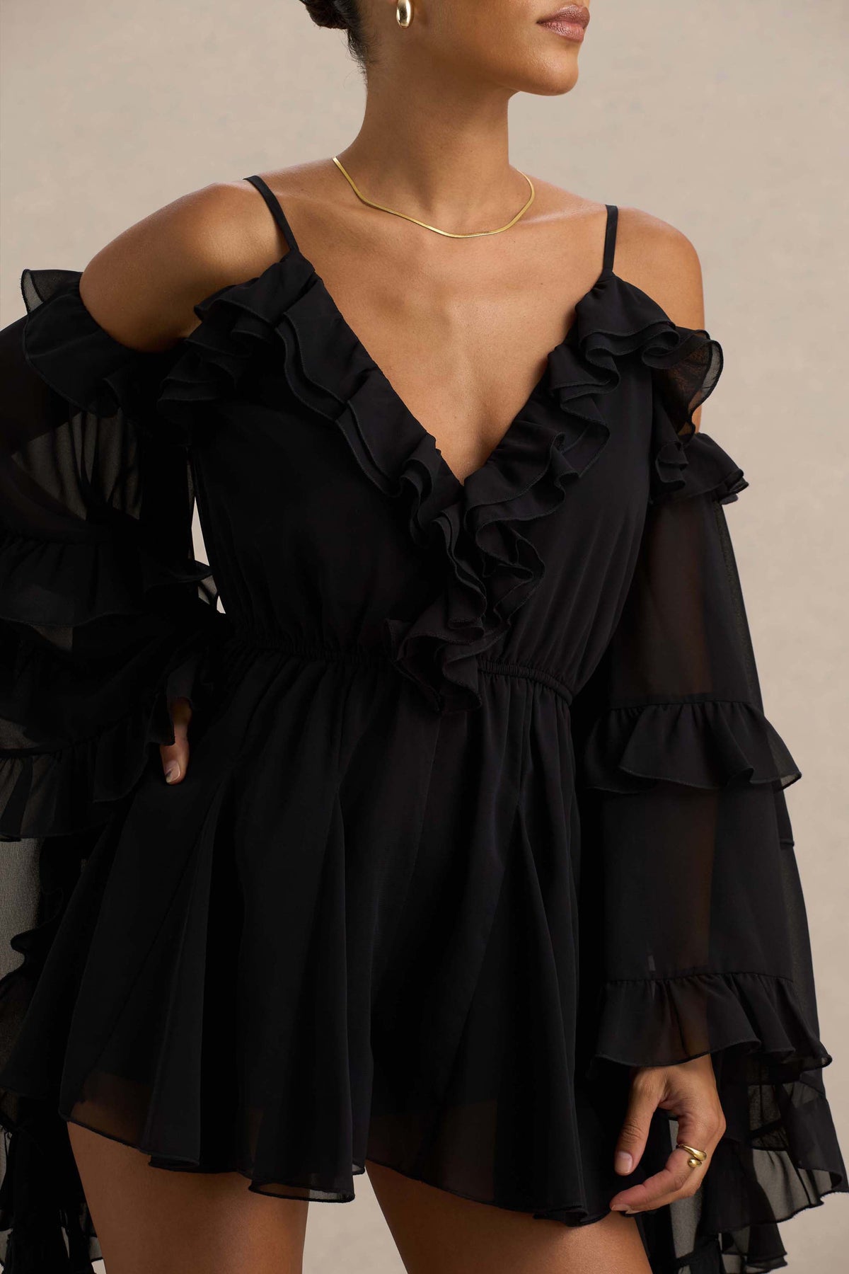 Anaya | Black Chiffon Romper With Long Sleeves