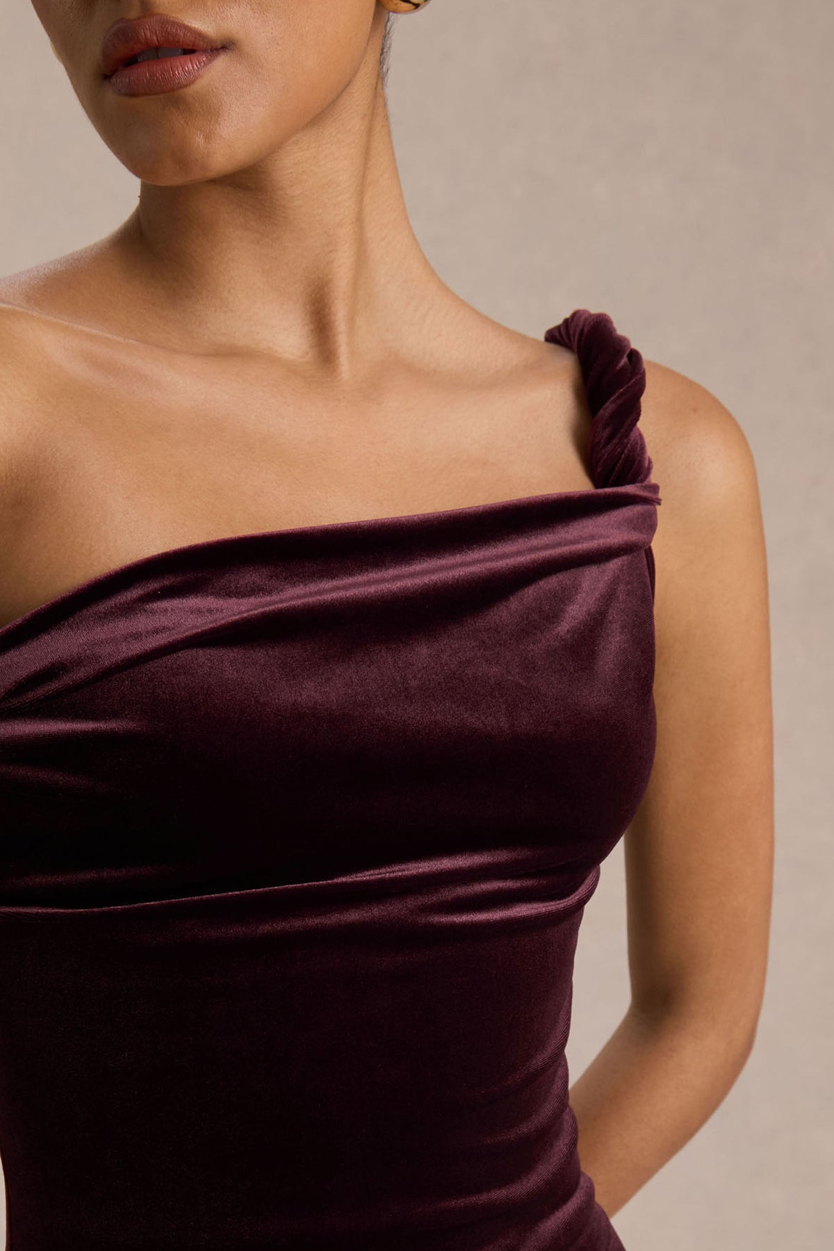 Carella | Burgundy Velvet One Shoulder Midi Dress With Twist Detailing