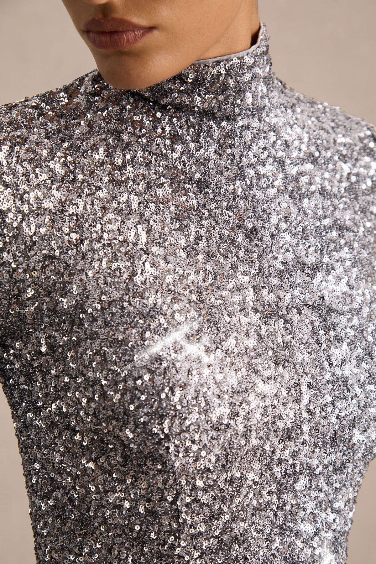 Galaxy | Silver Sequin High Neck Long Sleeve Maxi Dress