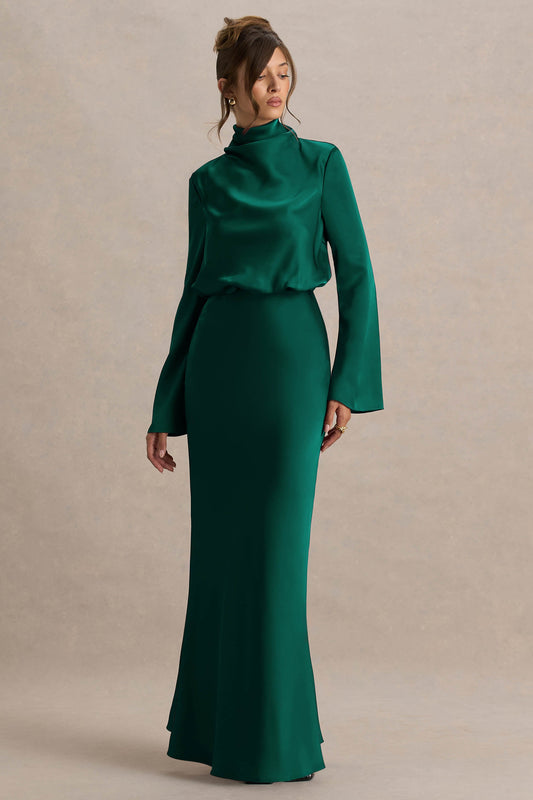 Celina | Bottle Green Satin High-Neck Maxi Dress