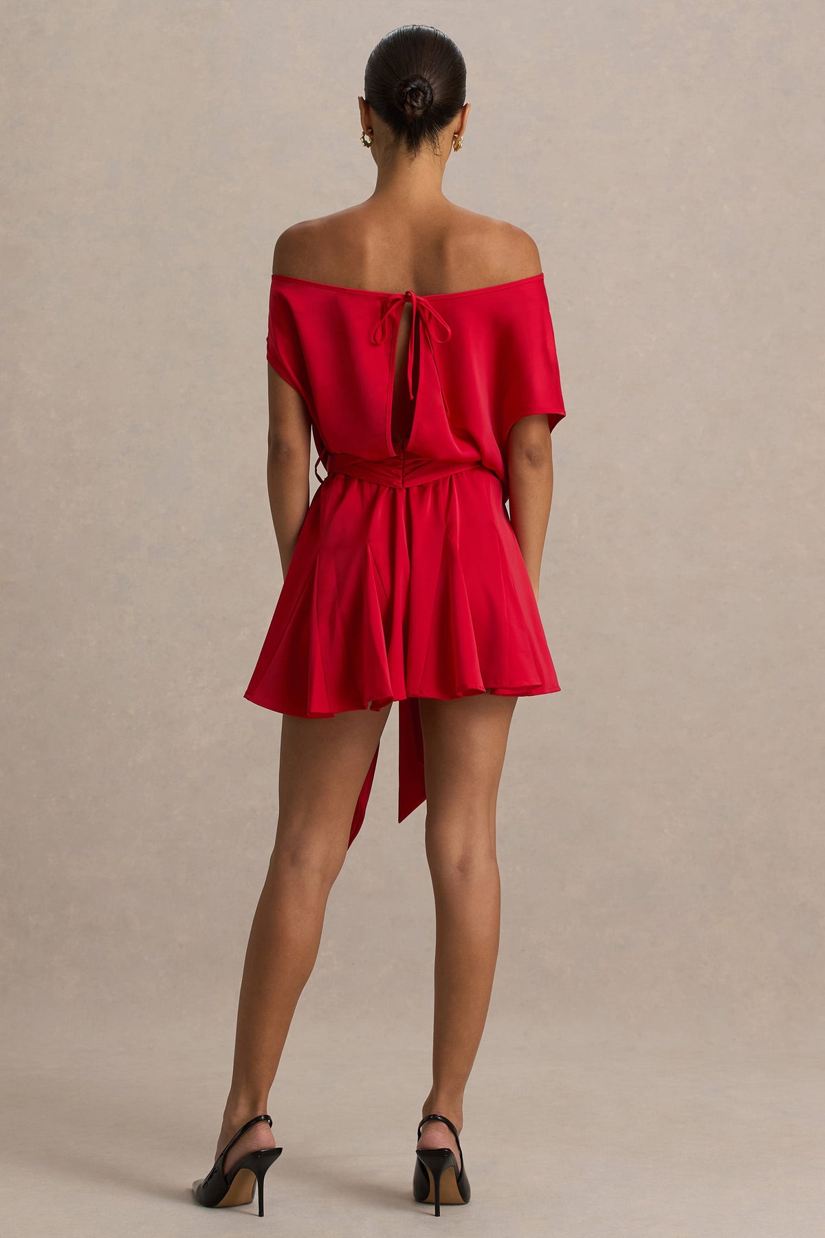 Clydie | Red Satin Asymmetric Romper With Tie-Waist