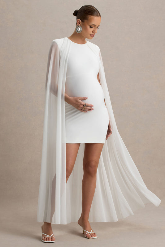 Charlene | White High-Neck Maternity Mini Dress With Mesh Cape