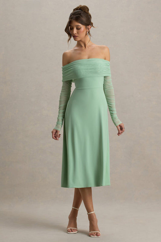 Flatter Me | Light Green Bardot Midi Dress With Mesh Sleeves