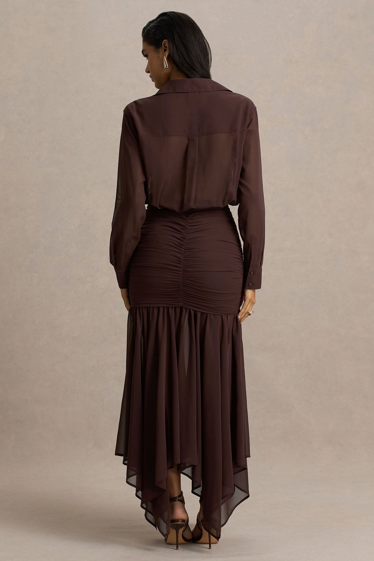 Kris | Brown Chiffon V Neck Long Sleeve A-Line Maxi Dress