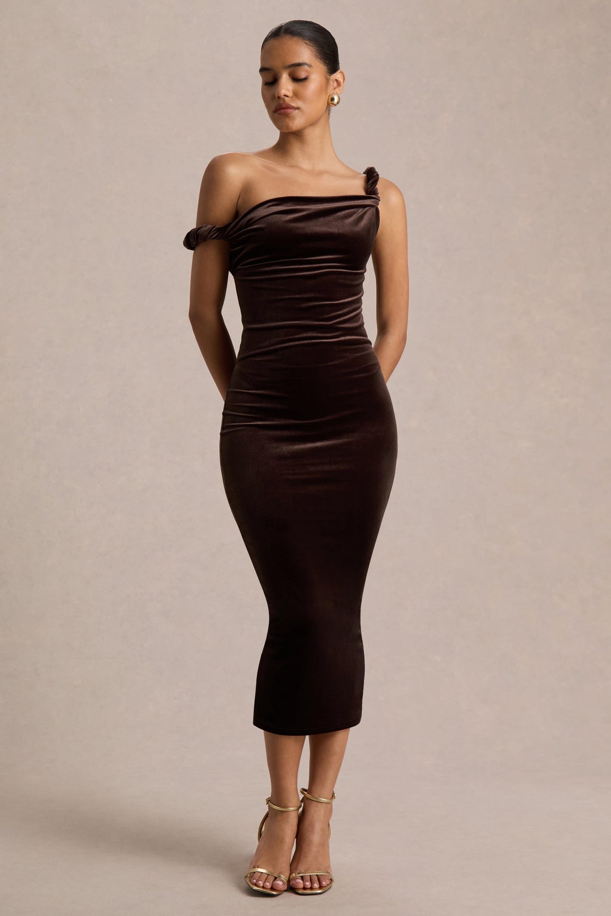 Carella | Brown Velvet One Shoulder Midi Dress With Twist Detailing