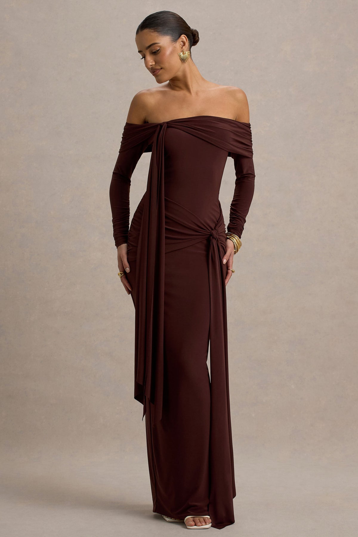Jovie | Brown Jersey Ruched Bardot Long Sleeve Wrap Maxi Dress With Sashes and Back Split
