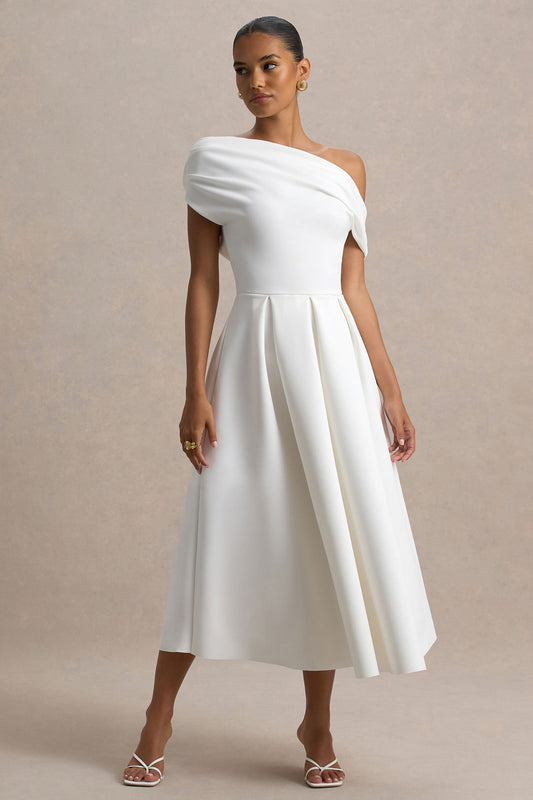 Demi | White Asymmetric-Neck Midi Dress