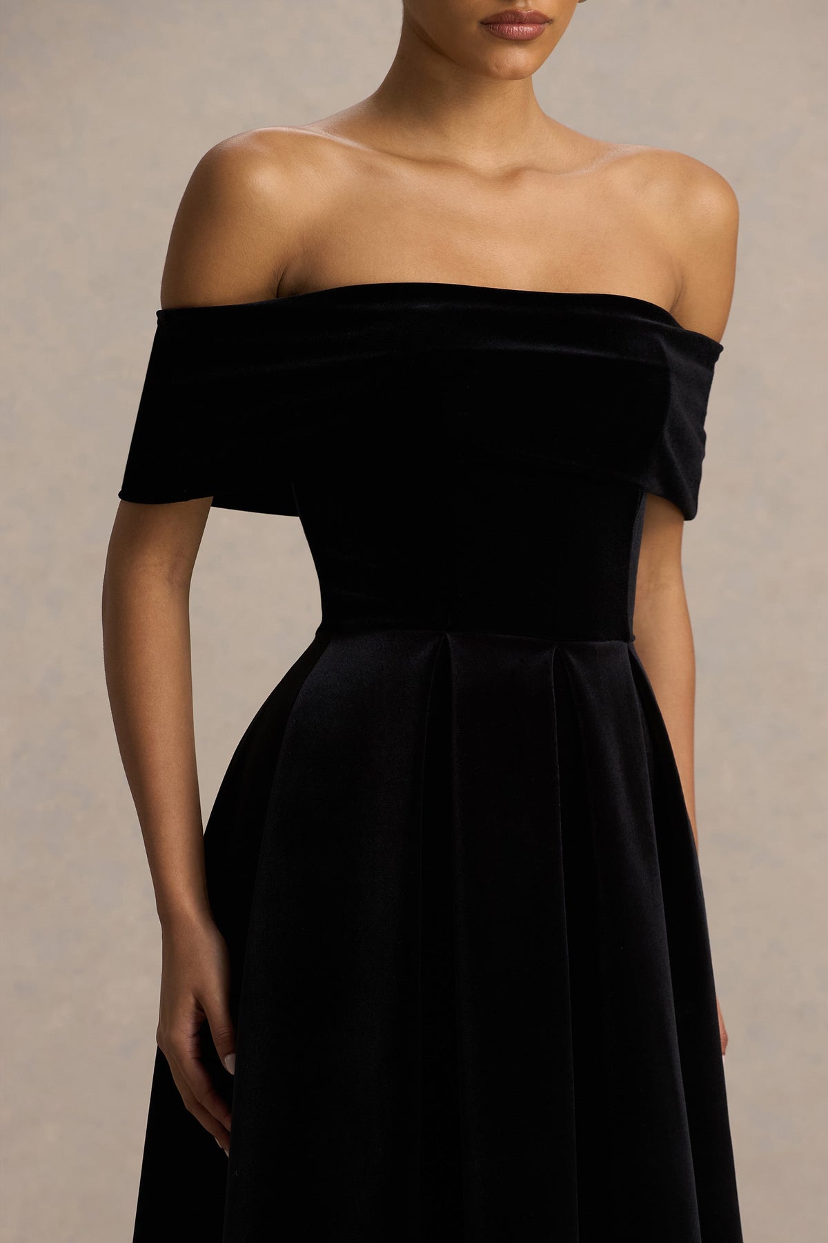 Ablaze | Black Velvet Bardot Short Sleeve A-Line Midi Dress