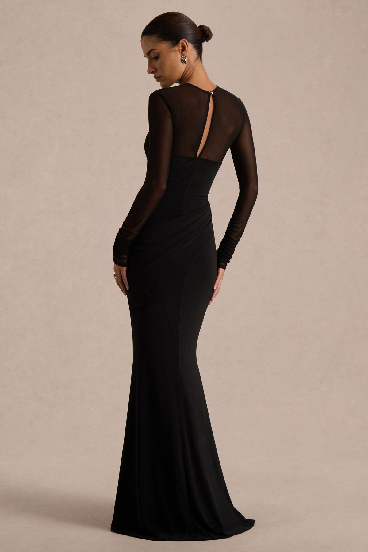 Deema | Black Jersey High Neck Long Sleeve Maxi Dress With Ruching