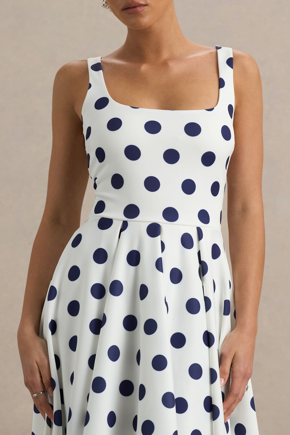 Berta | White And Navy Polka Dot Print Scuba Square Neck A-Line Midi Dress