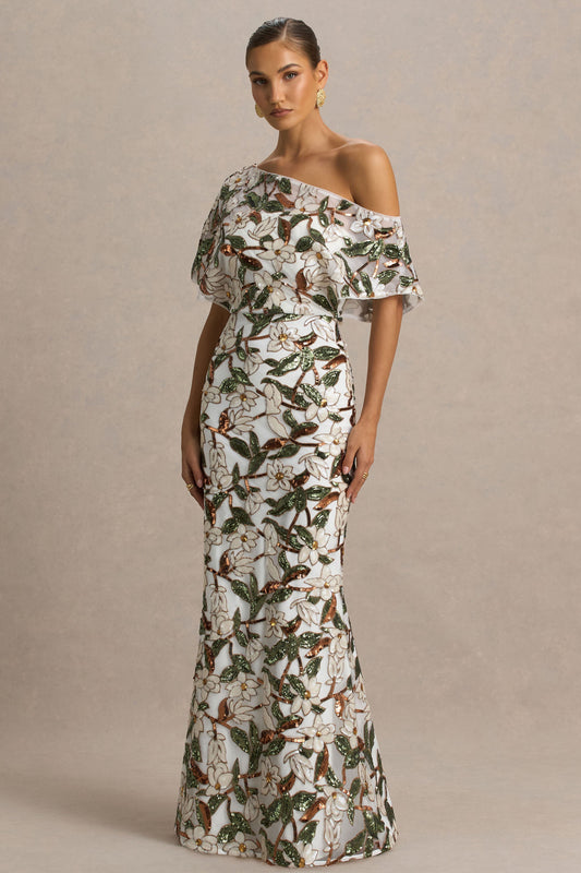 Iony | White And Green Embellished Sequin Floral And Mesh Asymmetric-Neck Maxi Dress