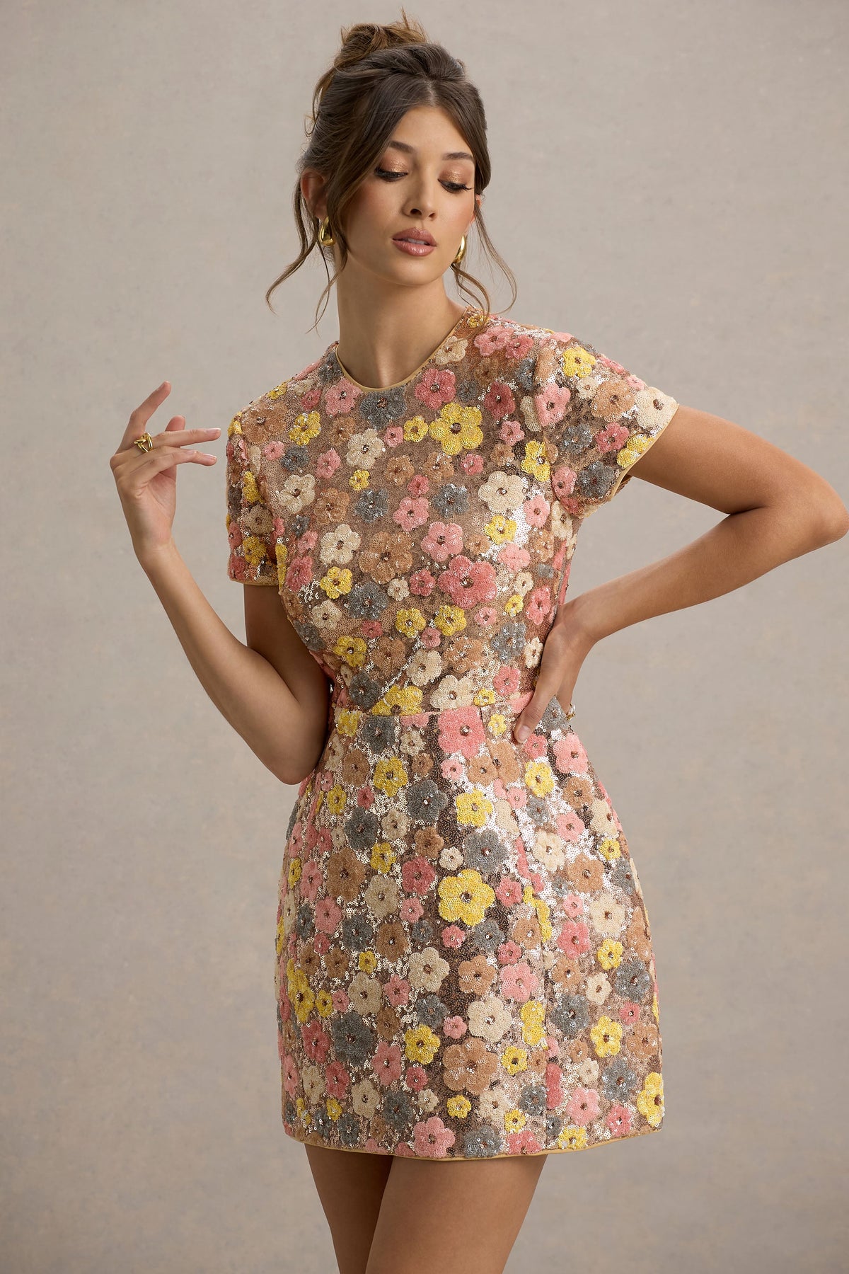 Eira | Pastel Floral Sequin Round Neck Short Sleeve A-Line Mini Dress