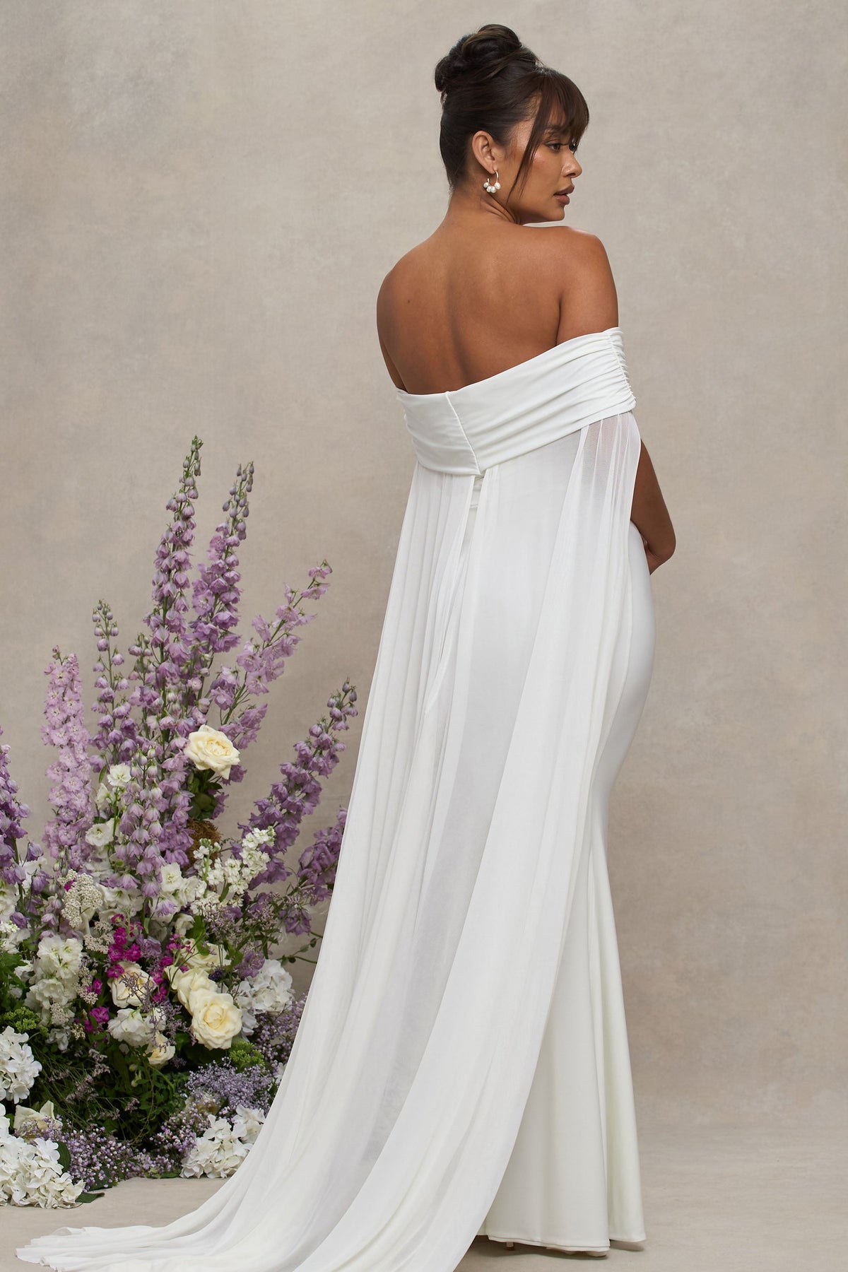 Carlotta | White Bardot Maternity Maxi Dress With Mesh Cape