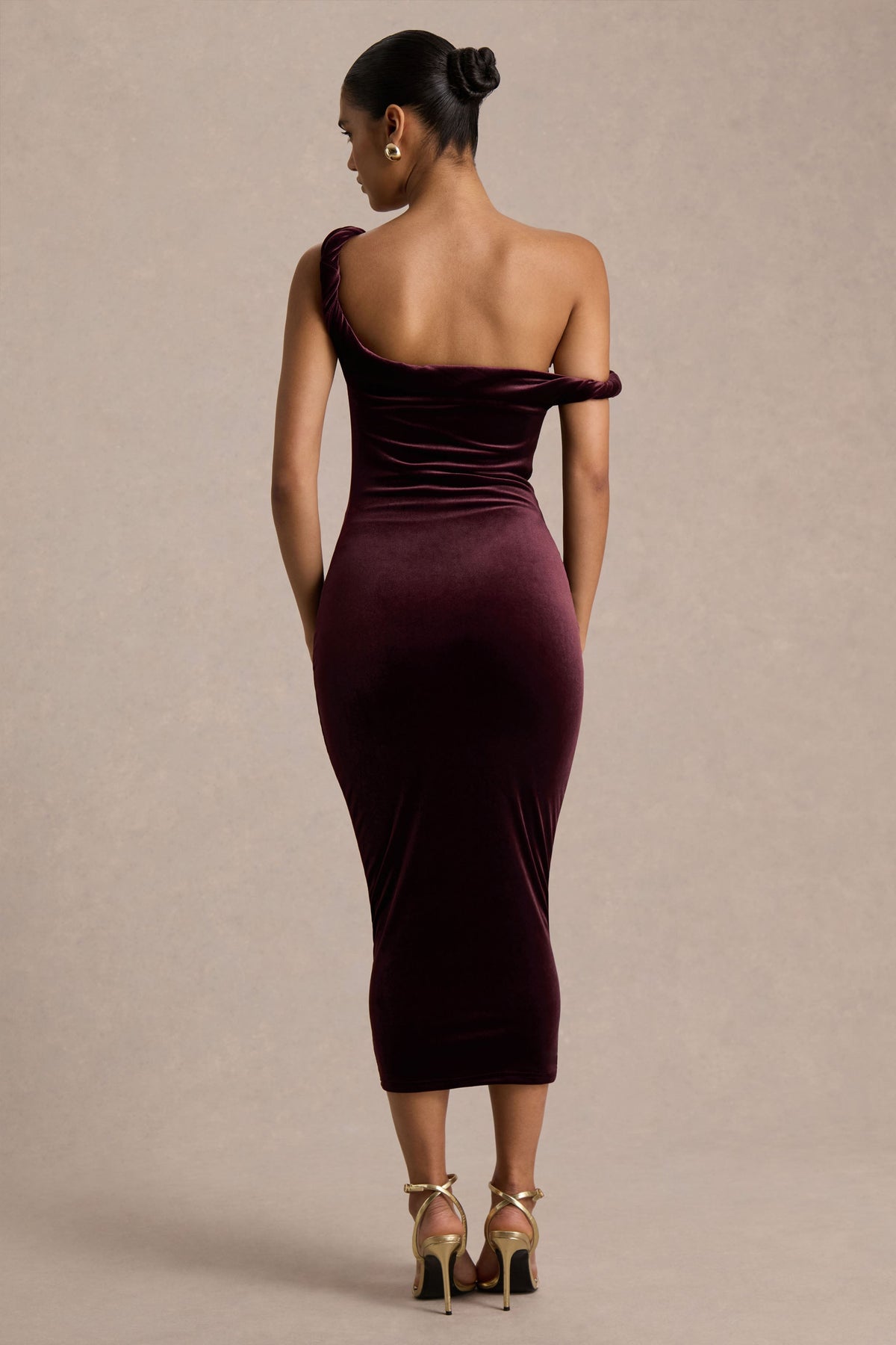 Carella | Burgundy Velvet One Shoulder Midi Dress With Twist Detailing