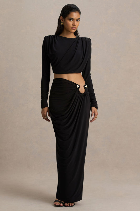 Avaline | Black Wrap Maxi Skirt With Ruched Detailing