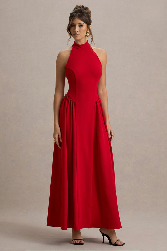 Cynthia | Red High-Neck Maxi Dress With Volume Skirt