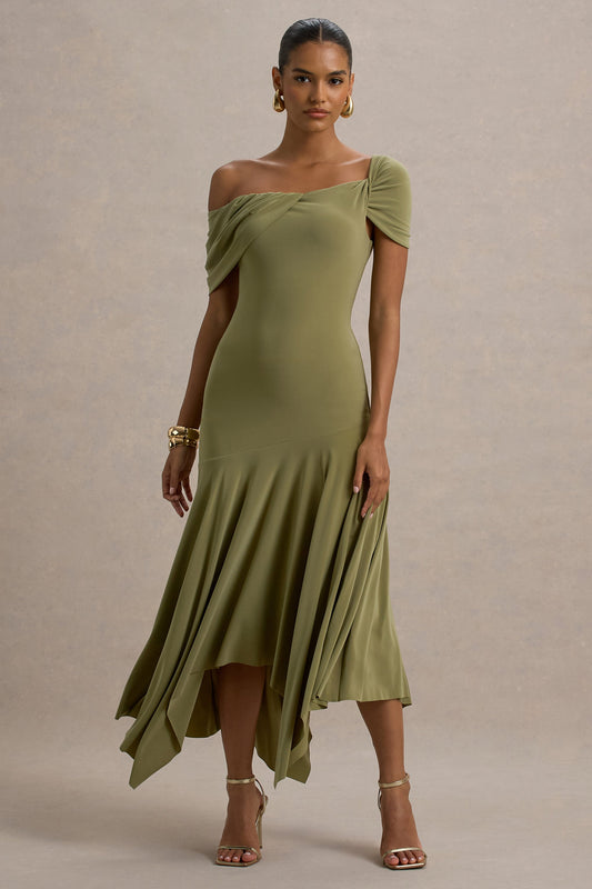 Castor | Olive Asymmetric Midi Dress