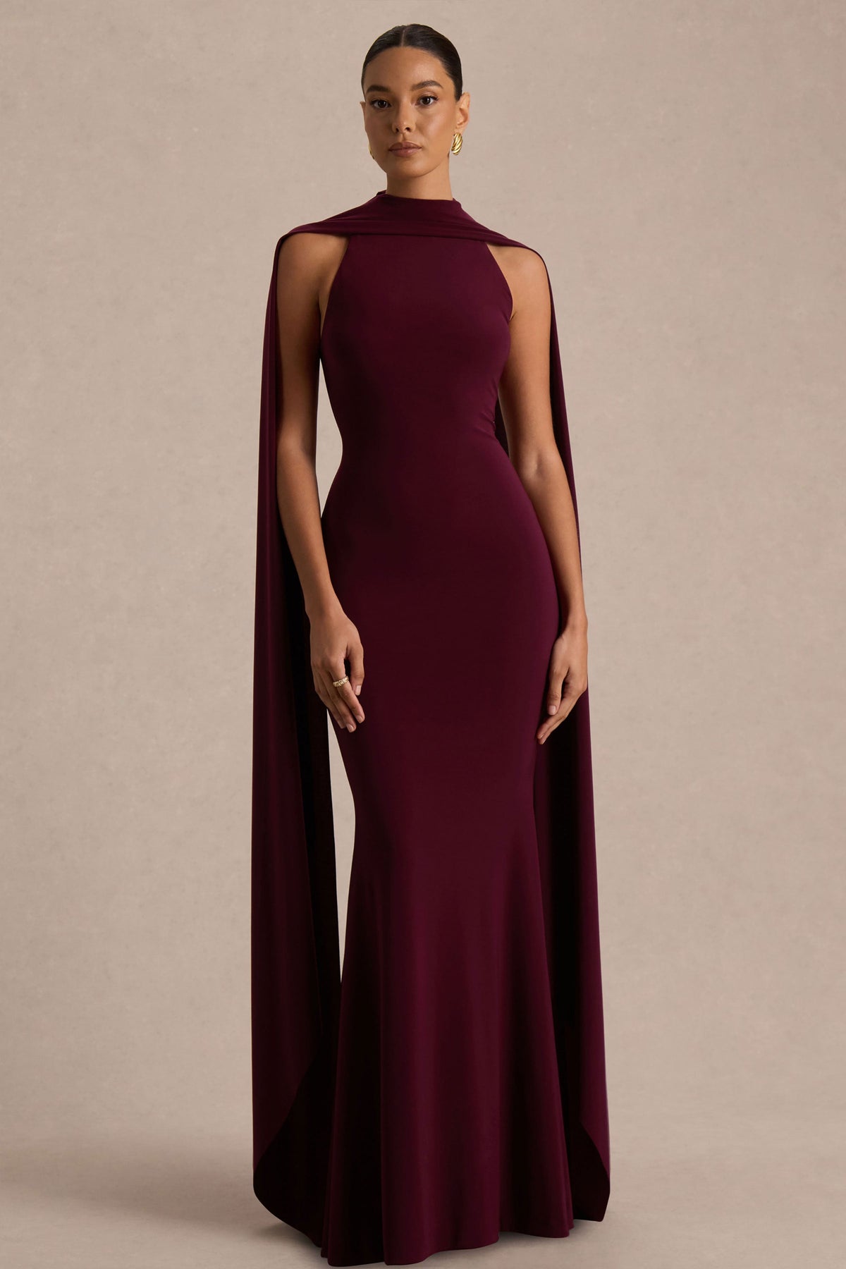 Cordy | Burgundy Jersey High Neck Maxi Dress With Scarf Detail