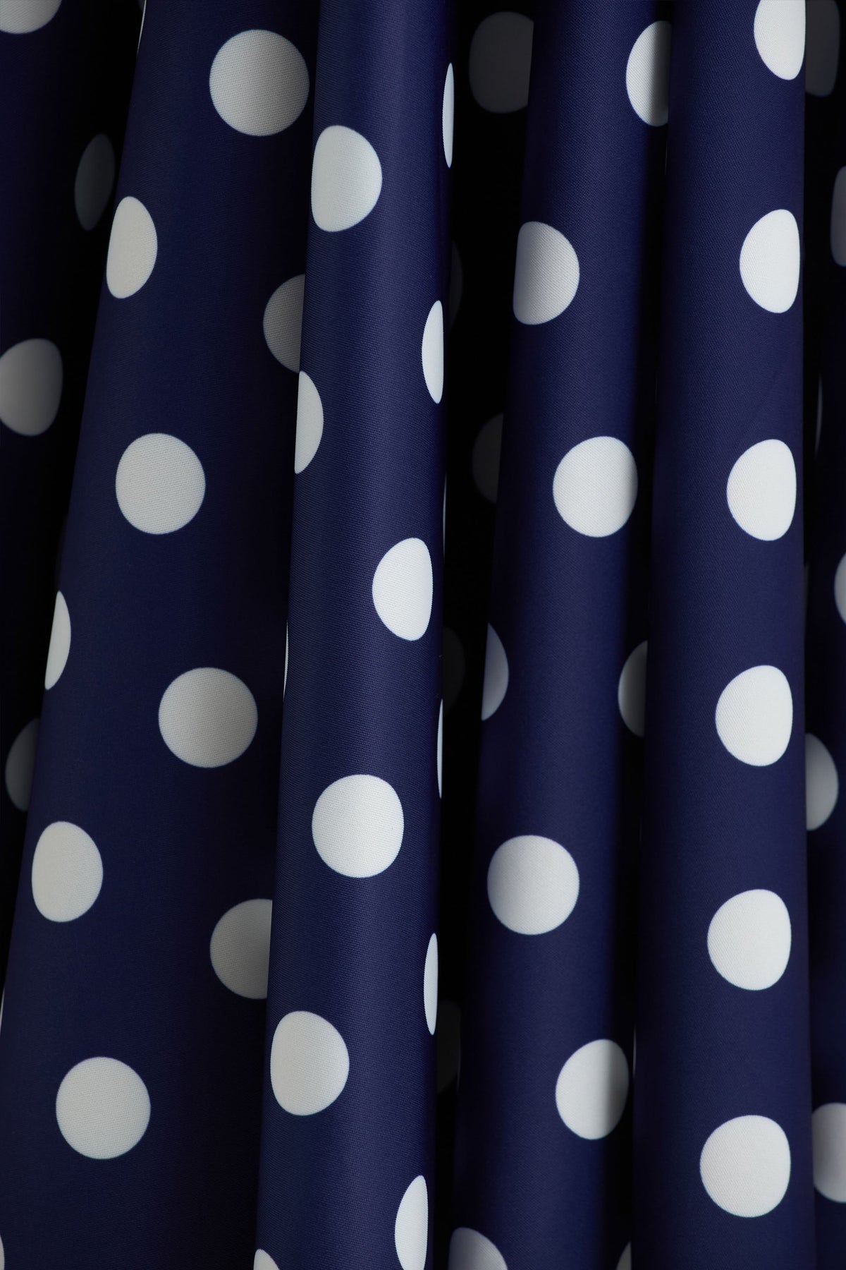 Berta | Navy And White Polka Dot Print Scuba Square Neck A-Line Midi Dress