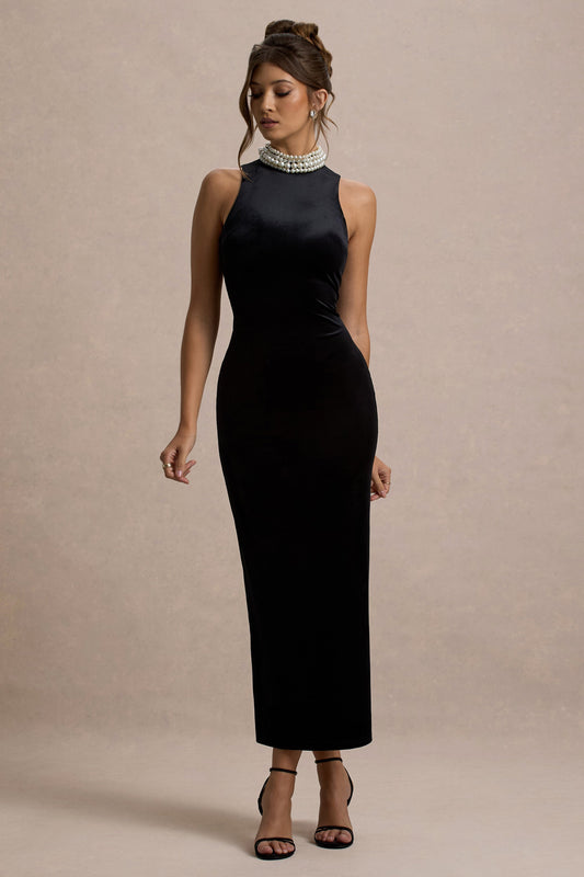 Audrine | Black Velvet Embellished High-Neck Maxi Dress