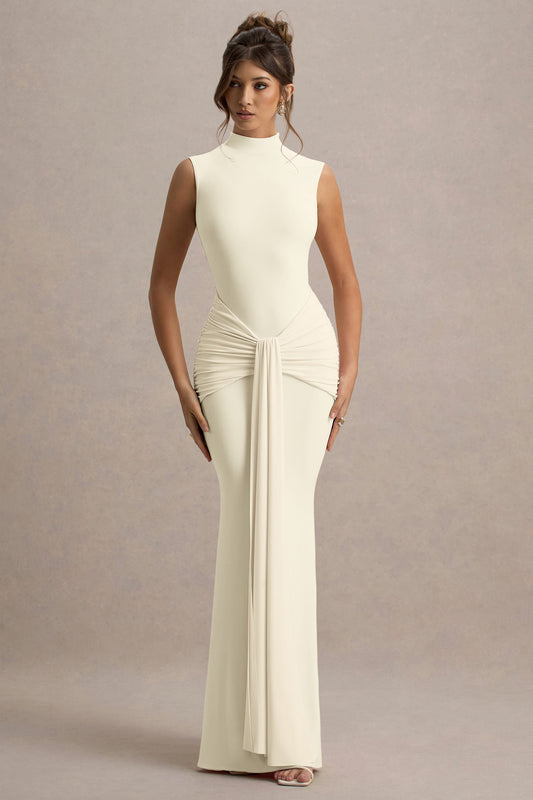Graziana | Pale Lemon High-Neck Gathered Draped Maxi Dress
