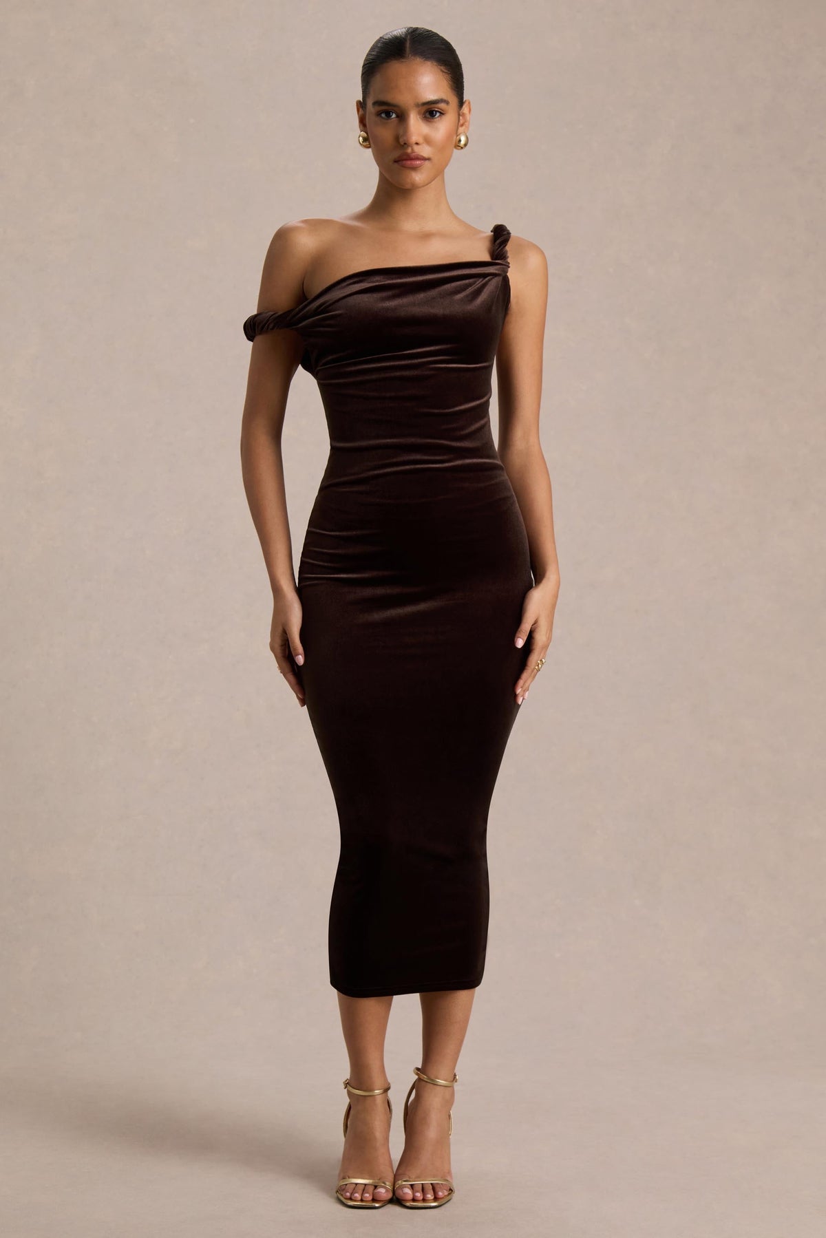 Carella | Brown Velvet One Shoulder Midi Dress With Twist Detailing