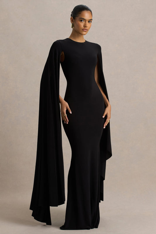 Briony | Black Crew-Neck Maxi Dress With Cape Sleeves