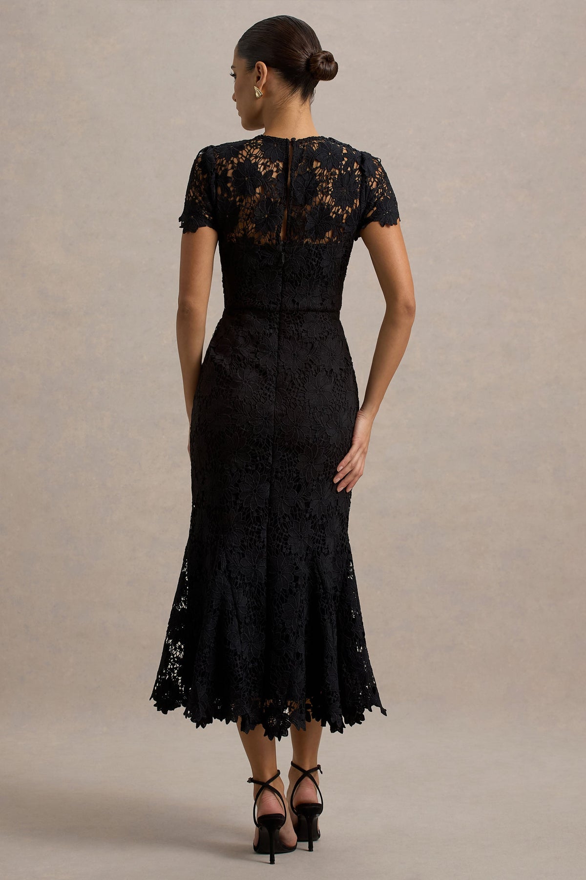 Clarissa | Black Lace High Neck Short Sleeve Midi Dress