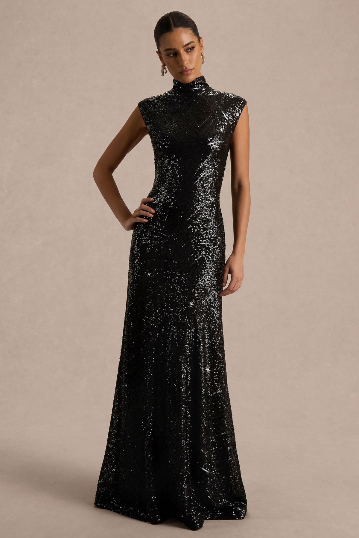 Cecy | Black Sequin High Neck Short Sleeve Maxi Dress