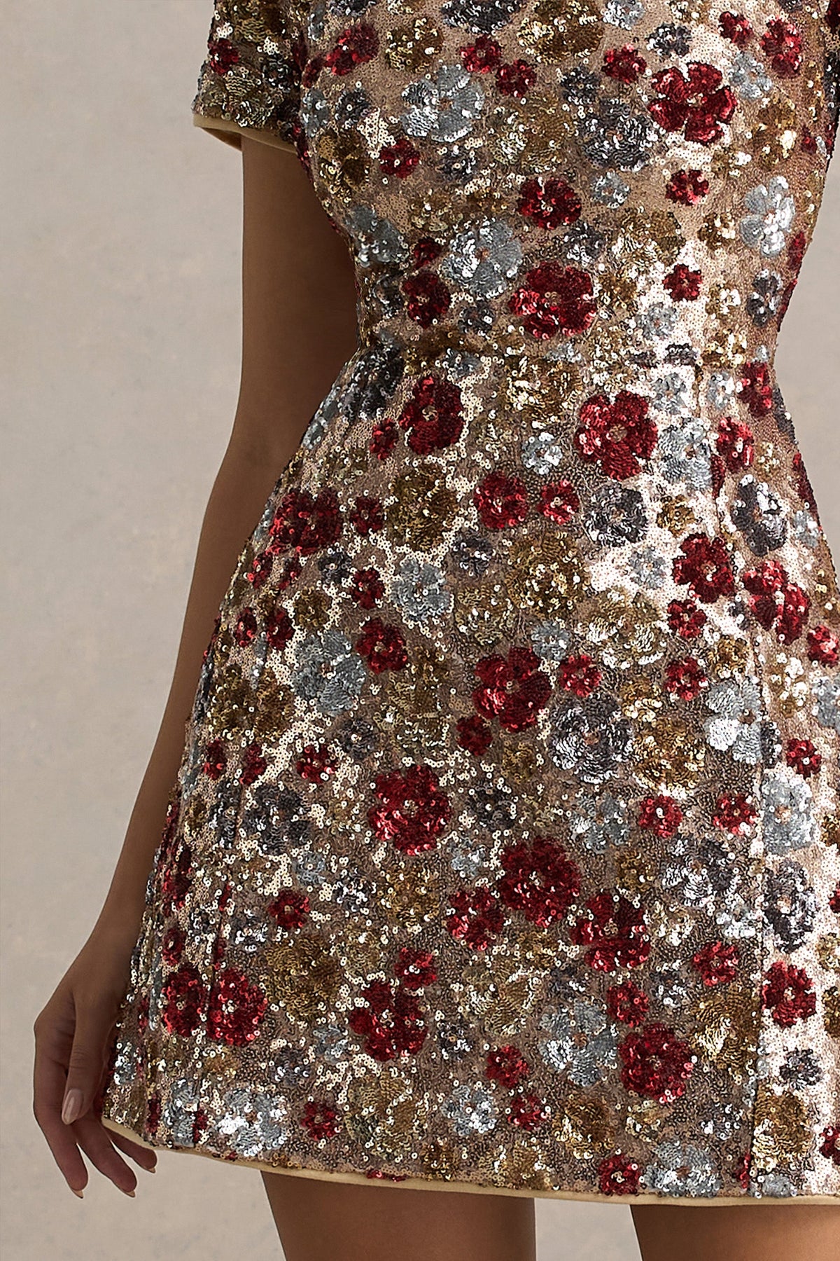 Eira | Red Floral Sequin Round Neck Short Sleeve A-Line Mini Dress