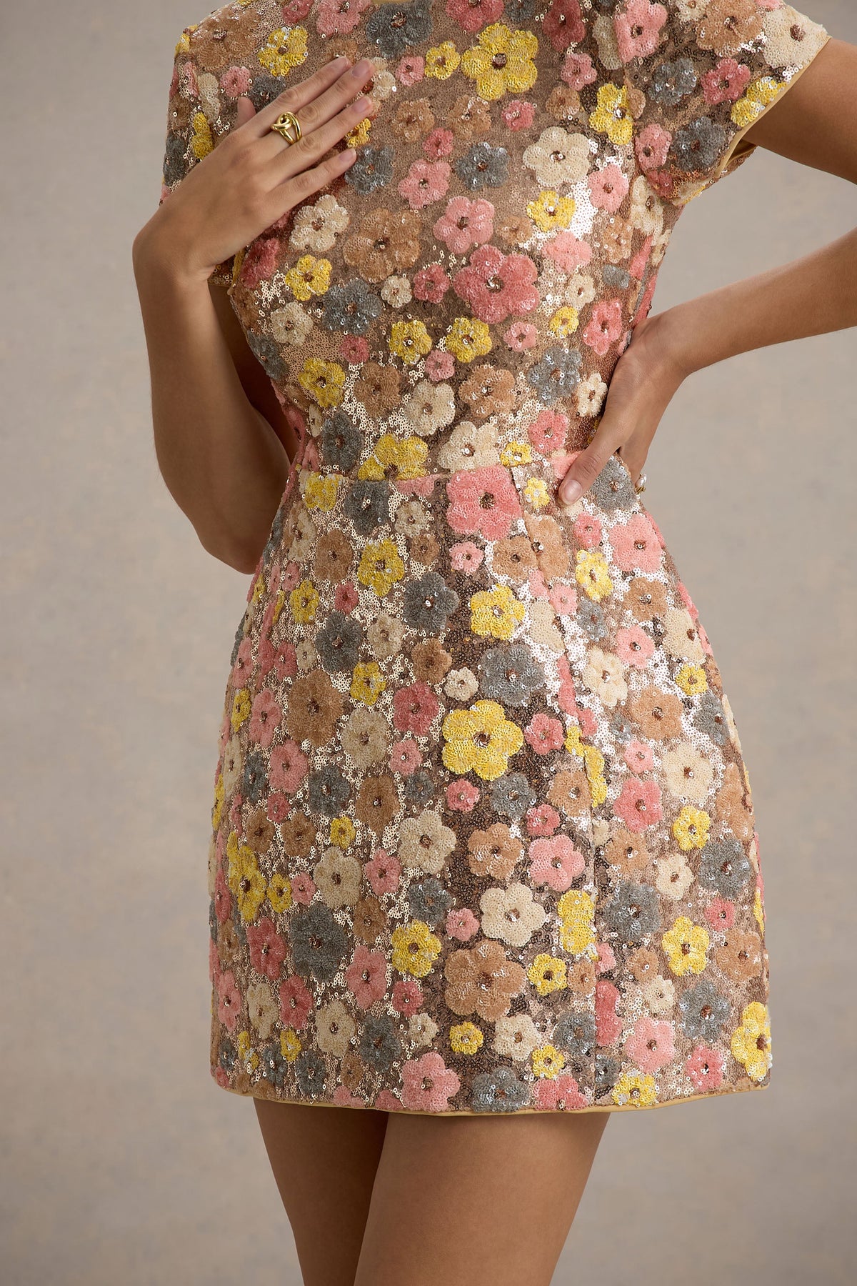 Eira | Pastel Floral Sequin Round Neck Short Sleeve A-Line Mini Dress
