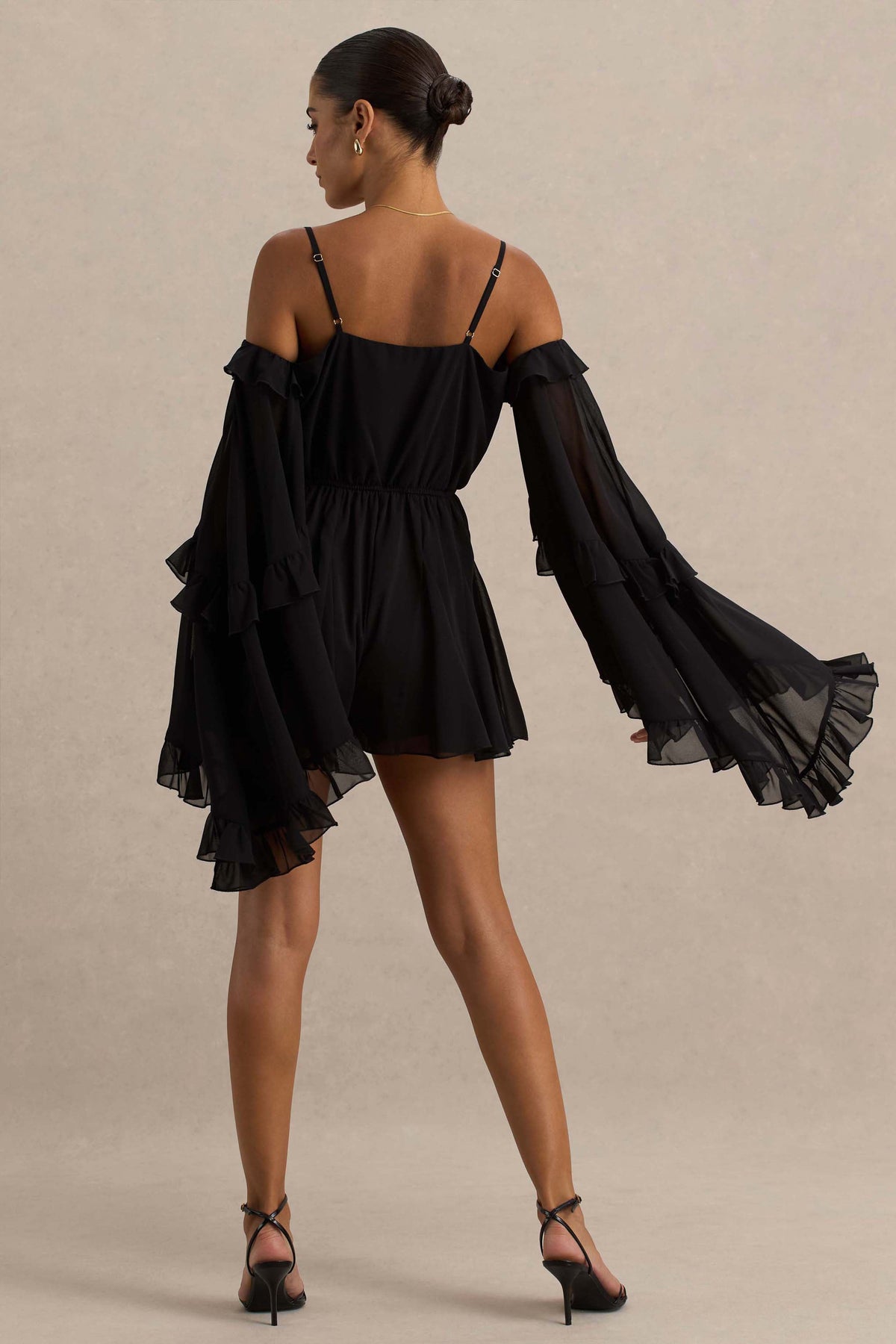 Anaya | Black Chiffon Romper With Long Sleeves
