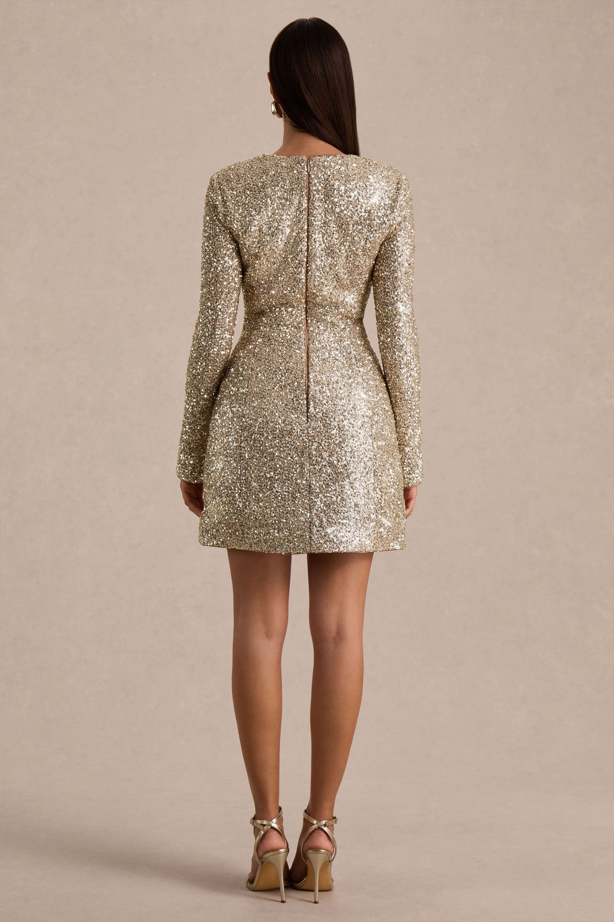 Invite | Gold Square Neck Long Sleeve A-Line Mini Dress With Embellishment