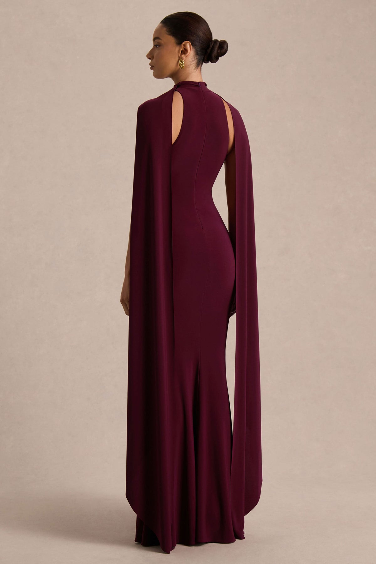 Cordy | Burgundy Jersey High Neck Maxi Dress With Scarf Detail