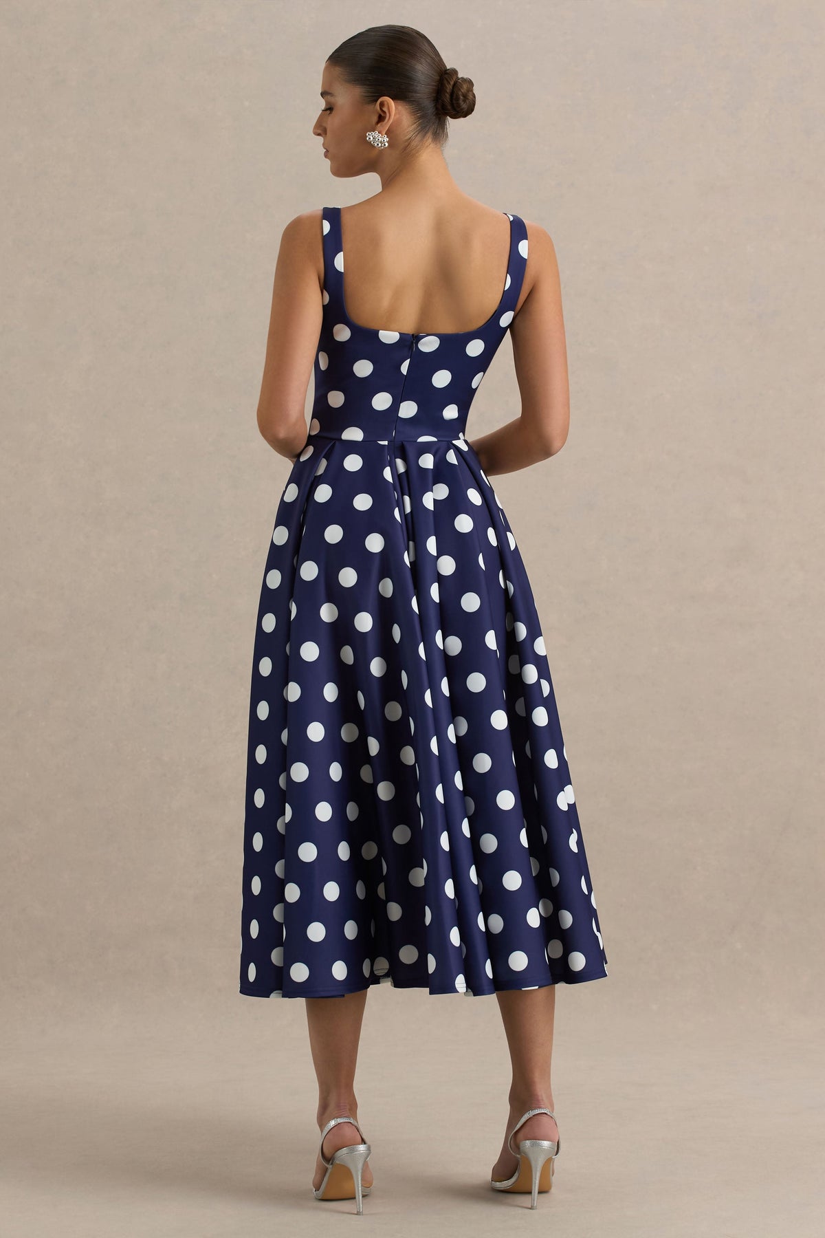 Berta | Navy And White Polka Dot Print Scuba Square Neck A-Line Midi Dress