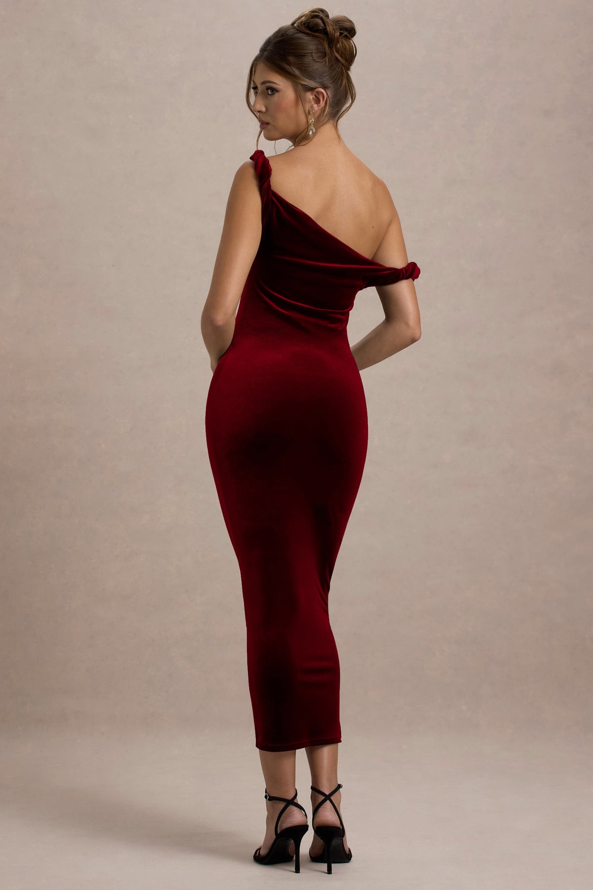 Carella | Berry Velvet One Shoulder Midi Dress With Twist Detailing