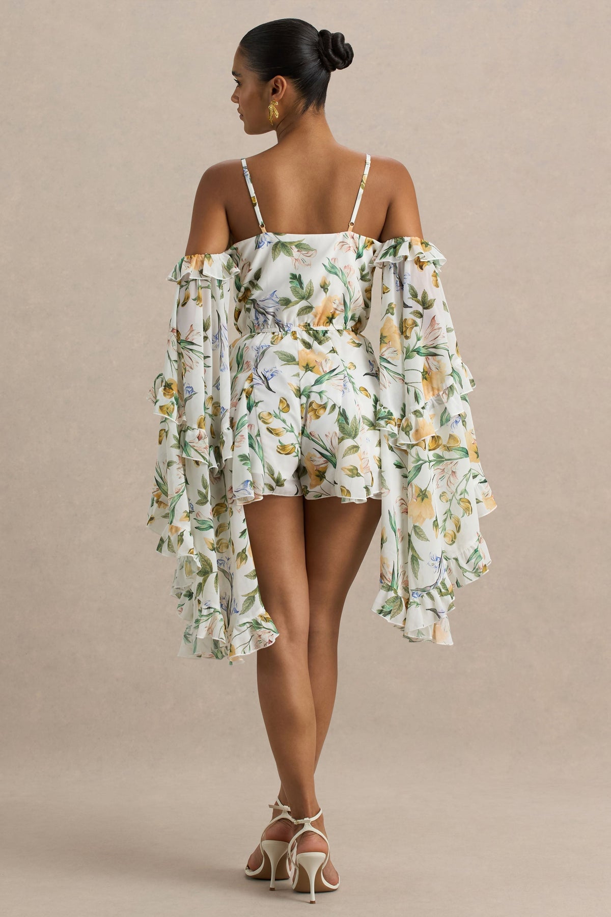 Anaya | Lemon Floral Print Chiffon Romper With Long Sleeves