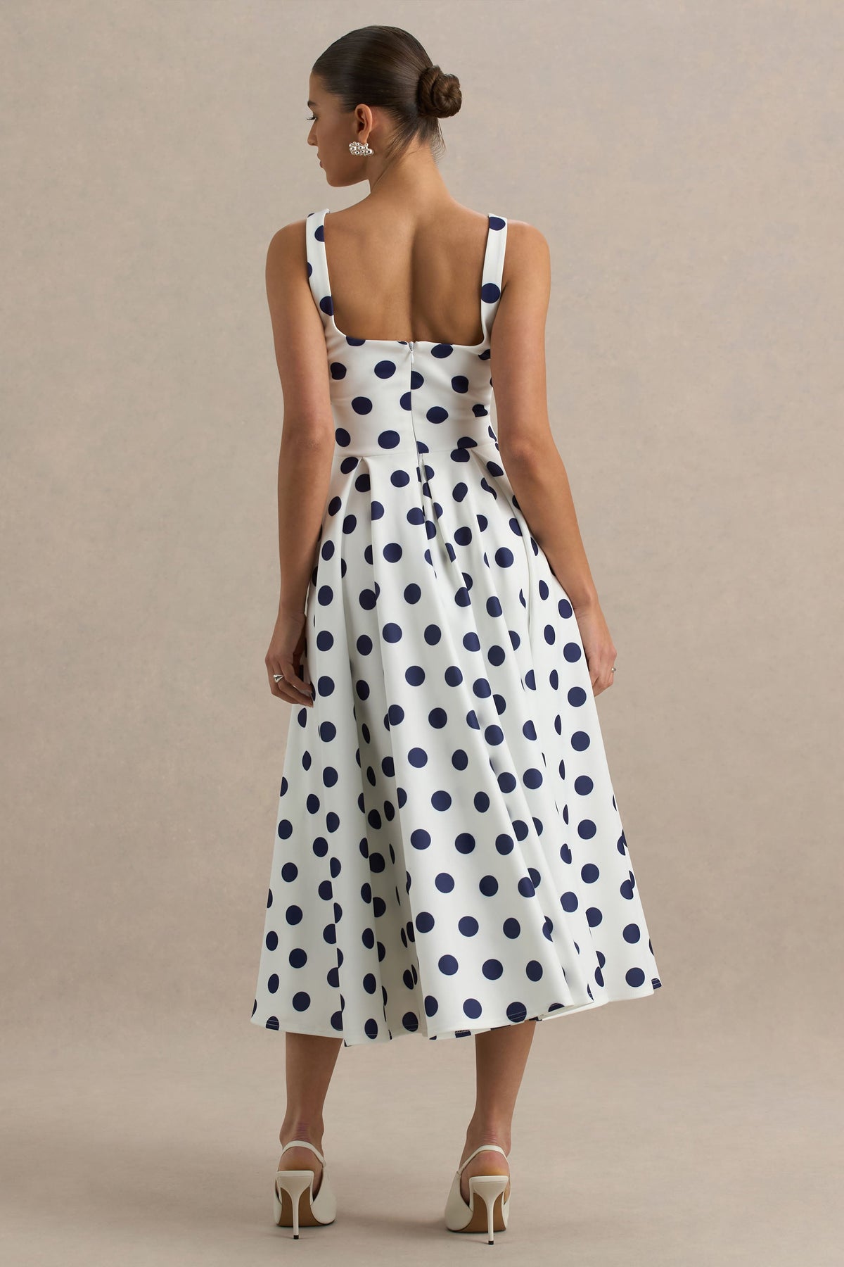 Berta | White And Navy Polka Dot Print Scuba Square Neck A-Line Midi Dress