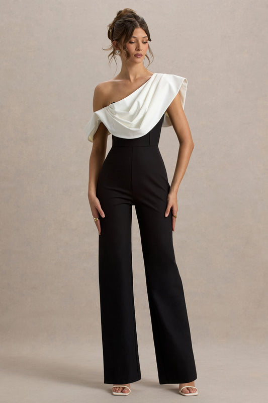 Falling For You | Black & White Asymmetric Draped Jumpsuit