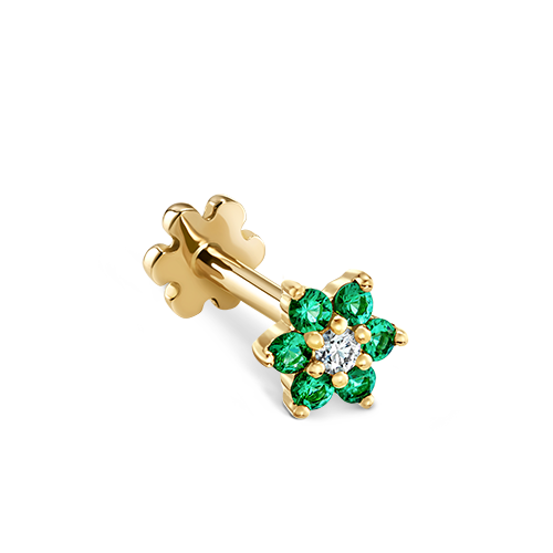Emerald and Diamond Flower Threaded Stud Earring With Titanium Backing
