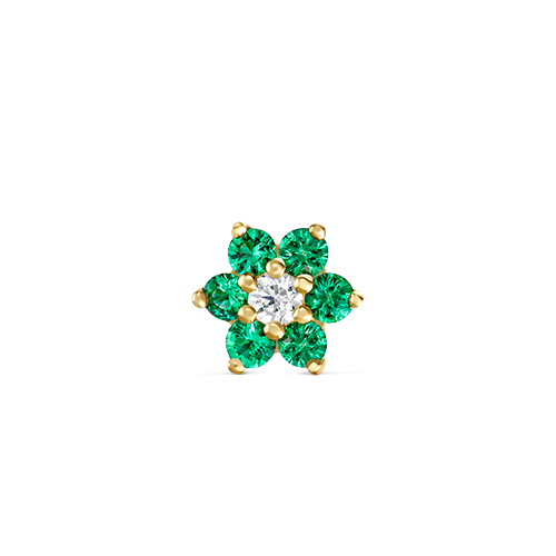 Emerald and Diamond Flower Threaded Stud Earring With Titanium Backing