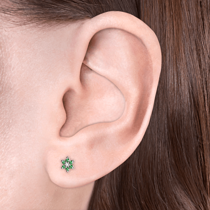 Emerald and Diamond Flower Threaded Stud Earring With Titanium Backing