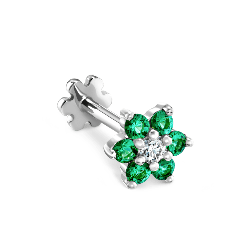 Emerald and Diamond Flower Threaded Stud Earring With Titanium Backing