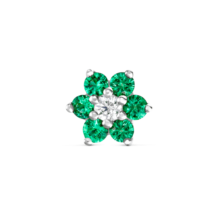 Emerald and Diamond Flower Threaded Stud Earring With Titanium Backing