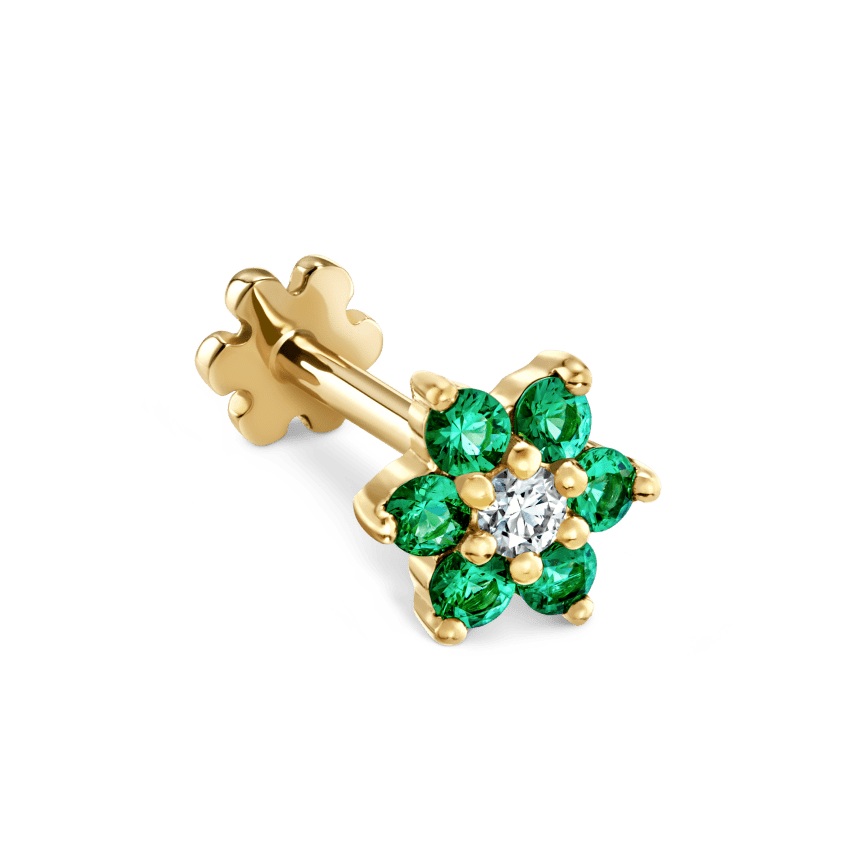 Emerald and Diamond Flower Threaded Stud Earring With Titanium Backing