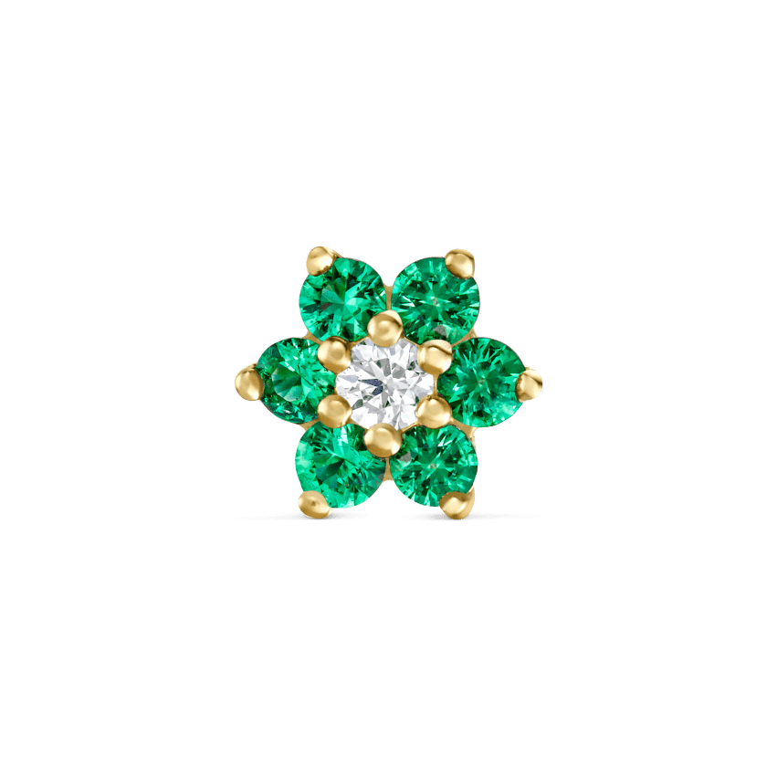 Emerald and Diamond Flower Threaded Stud Earring With Titanium Backing